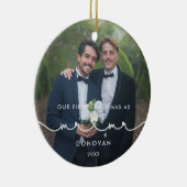 可愛いハートフォント初めてのクリスマスMr. & Mr. Photo セラミックオーナメント (右)