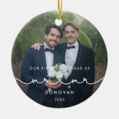 可愛いハートフォント初めてのクリスマスMr. & Mr. Photo セラミックオーナメント (正面)