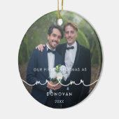 可愛いハートフォント初めてのクリスマスMr. & Mr. Photo セラミックオーナメント (左)