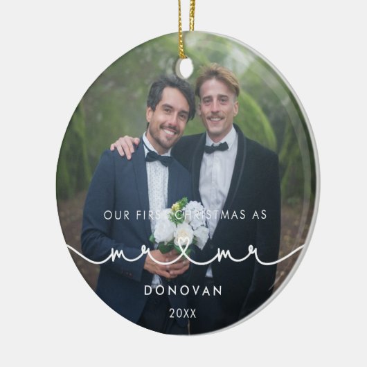 可愛いハートフォント初めてのクリスマスMr. & Mr. Photo セラミックオーナメント (左)
