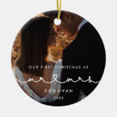 可愛いハートフォント初めてのクリスマスMr&Mrs Photo セラミックオーナメント (正面)