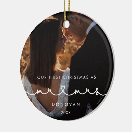 可愛いハートフォント初めてのクリスマスMr&Mrs Photo セラミックオーナメント (左)