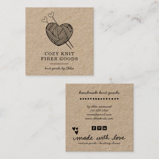 可愛いハート型糸手作りニットグッズ筏 スクエア名刺 (正面/裏面)