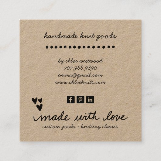 可愛いハート型糸手作りニットグッズ筏 スクエア名刺 (裏面)