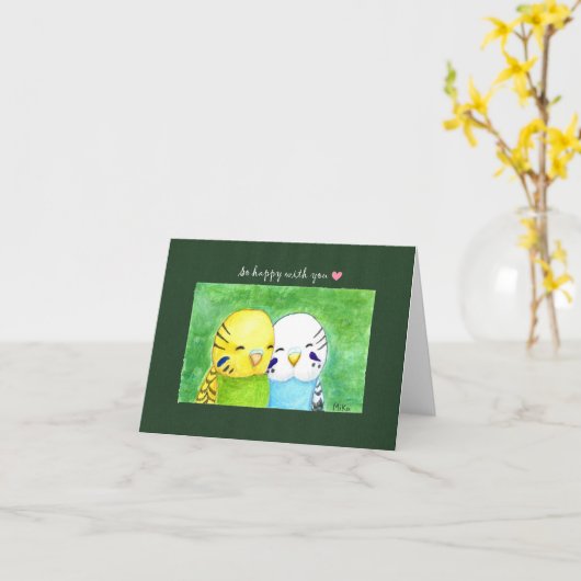 可愛いバジスパラケートカップルの親睦の記念日 カード (黄色い花)