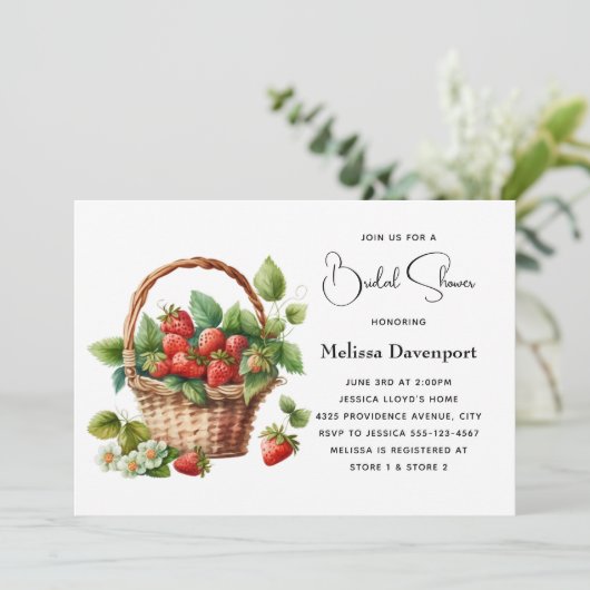 可愛いバスケットいっぱいのイチゴブライダルシャワー 招待状 (スタンド正面)