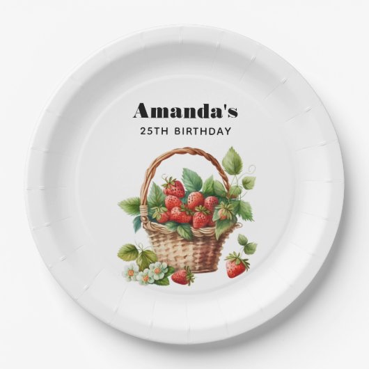 可愛いバスケットいっぱいのイチゴ誕生日 ペーパープレート (正面)