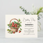 可愛いバスケットいっぱいのイチゴ誕生日 招待状 (スタンド正面)