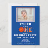 可愛いバスケットボールブルーフォトワンバースデー 招待状 (正面)