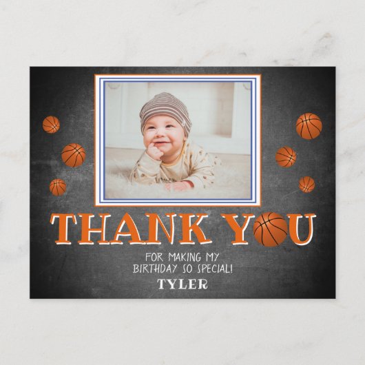 可愛いバスケットボール誕生日ありがとうフォトカード インビテーションポストカード (正面)