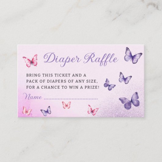 可愛いバタフライパープルベビーシャワーおむつラッフル エンクロージャーカード (正面)