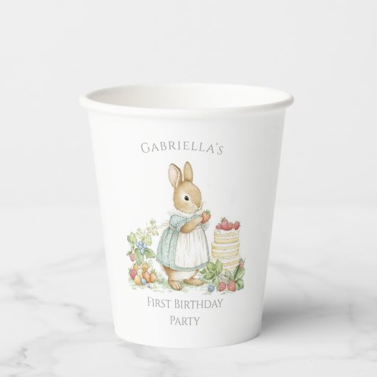 可愛いバニーとイチゴ誕生日 紙コップ (正面)