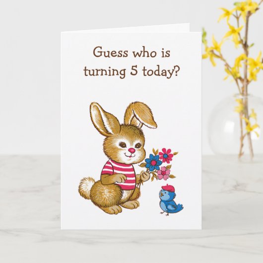 可愛いバニーとブルーバードキッズフィフス誕生日カード カード (黄色い花)