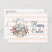可愛いバニーのバスケット&かわいらし花模様ハッピーイースター シーズンポストカード (正面/裏面)
