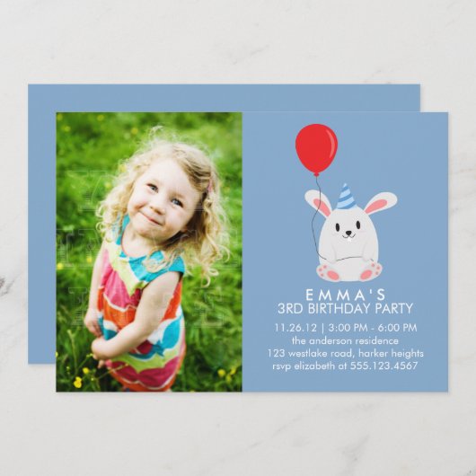 可愛いバニーカスタムラビット写真誕生日パーティー 招待状 (正面/裏面)