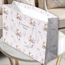 可愛いバニーパーソナライズされたガール名パープルイースター ラージペーパーバッグ