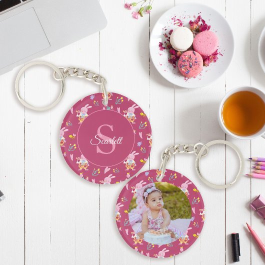 可愛いバニービーパターンモノグラム名マゼンタ キーホルダー