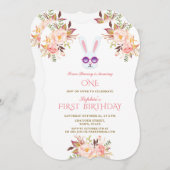 可愛いバニーピンク赤面フラワーガールガール1st誕生日 招待状 (正面/裏面)