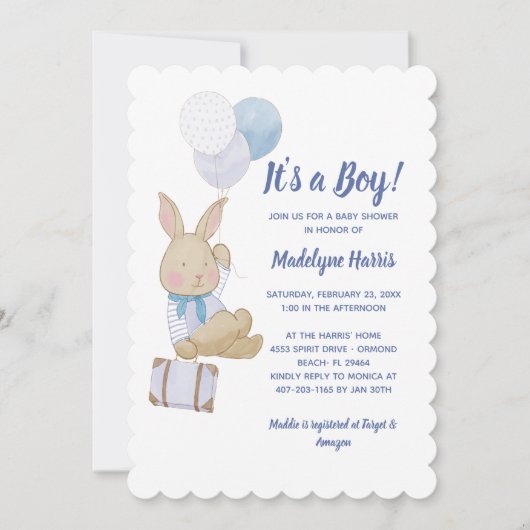 可愛いバニーブルー風船男の子の赤ちゃんシャワー 招待状 (正面)