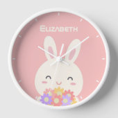 可愛いバニーマンガ&ガールズピンクのための花 壁時計 (正面)