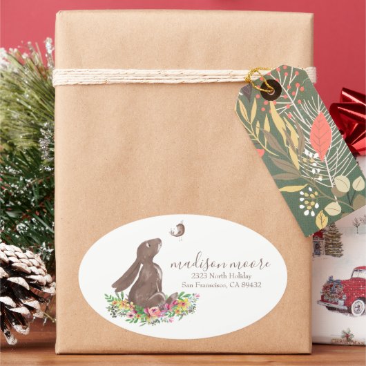 可愛いバニーラビットフローラメール/差出人住所 楕円形シール (クリスマス)