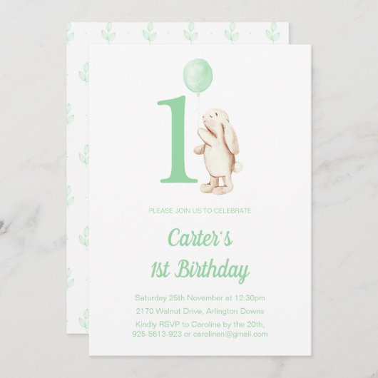 可愛いバニーラビット&バルーングリーンの誕生日 招待状 (正面/裏面)