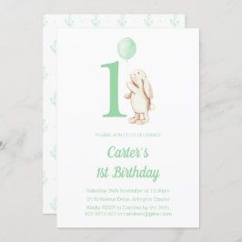 可愛いバニーラビット&バルーングリーンの誕生日 招待状