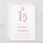 可愛いバニーラビット&バルーンピンク1歳の誕生日 招待状 (正面)
