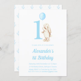 可愛いバニーラビット&バルーンブルー1st誕生日 招待状
