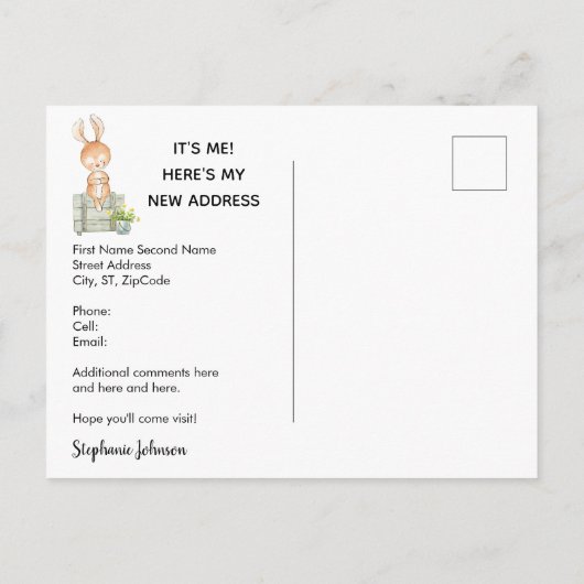 可愛いバニー新しいホームムービングアナウンスメントカード 案内ポストカード (裏面)