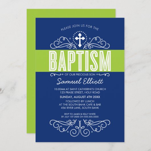 可愛いバプテスマエレガントスの渦はっきりしたはネイビーブルー緑 招待状 (正面/裏面)
