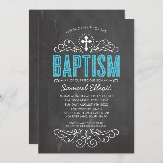 可愛いバプテスマエレガントブルーグリッター型の黒板 招待状 (正面/裏面)