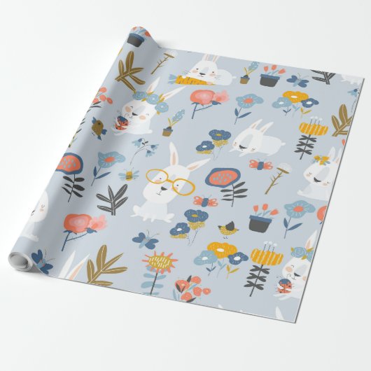 可愛いバンニと花 ラッピングペーパー (アンロールド)