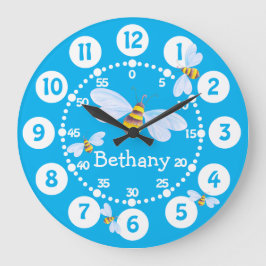 可愛いバンブルミツバチ白いブルーの壁時計 ラージ壁時計