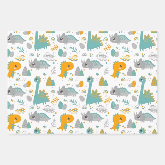 可愛いバースデー絵を描タの水色の恐竜のパターン ラッピングペーパーシート (正面)