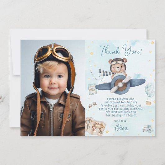 可愛いパイロットテディベアブルー飛行機誕生日写真 サンキューカード (正面)