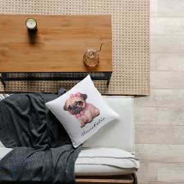 可愛いパグとピンクボウパーソナライズされた クッション