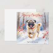 可愛いパグの犬のスノーウォーターカラーメリークリスマス シーズンカード (正面/裏面)