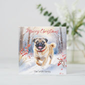 可愛いパグの犬のスノーウォーターカラーメリークリスマス シーズンカード (スタンド正面)