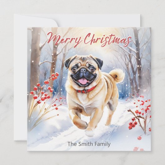 可愛いパグの犬のスノーウォーターカラーメリークリスマス シーズンカード (正面)