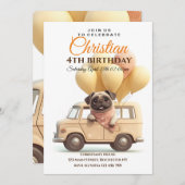 可愛いパグバルーントラック誕生日パーティードッグペット 招待状 (正面/裏面)