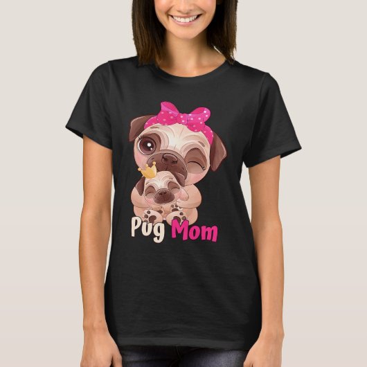 可愛いパグママのためのピンクのリボン Tシャツ (正面)