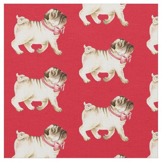 可愛いパグ鼻の空気と弓タイの水色 ファブリック (クローズアップ)