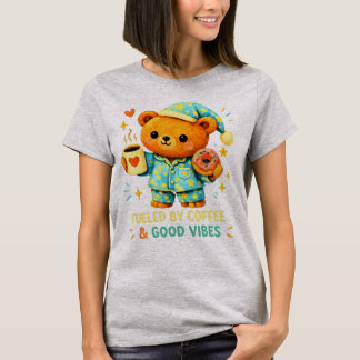 可愛いパジャマベア コーヒーとポジティブな気持ちで元気にドーナツ Tシャツ