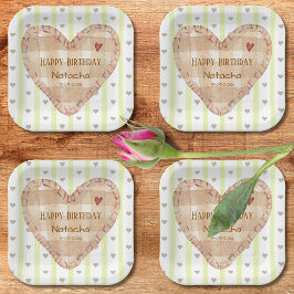 可愛いパステルガーリーハートパターン緑と茶色 ペーパープレート