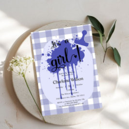 可愛いパステルネイビーギンガムベビーシャワー 招待状