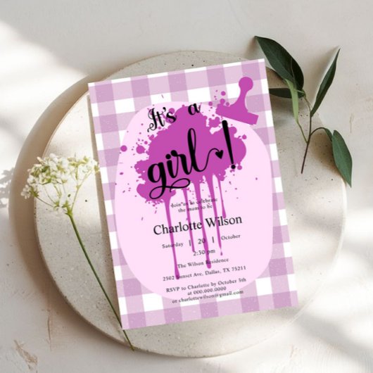 可愛いパステルパープルジンガム赤ちゃんシャワー 招待状