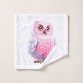 可愛いパステルピンクとブルーの漫画フクロウ バスタオルセット (ウォッシュタオル)