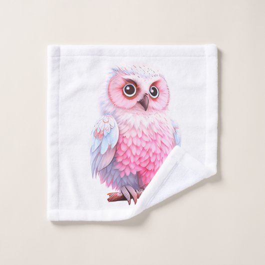 可愛いパステルピンクとブルーの漫画フクロウ バスタオルセット (ウォッシュタオル)