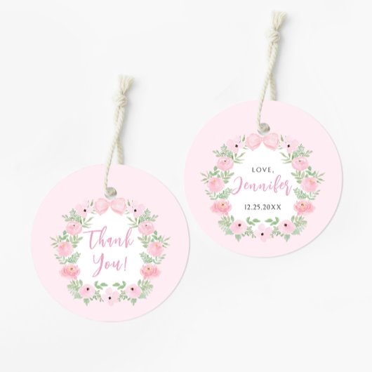 可愛いパステルピンクのフローラ女の子シャワー感謝していユー フェイバータグ